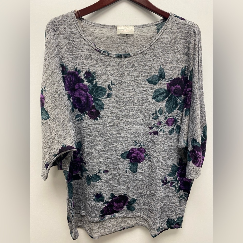Bobbie Brooks Gray Floral Top with Purple Accents
